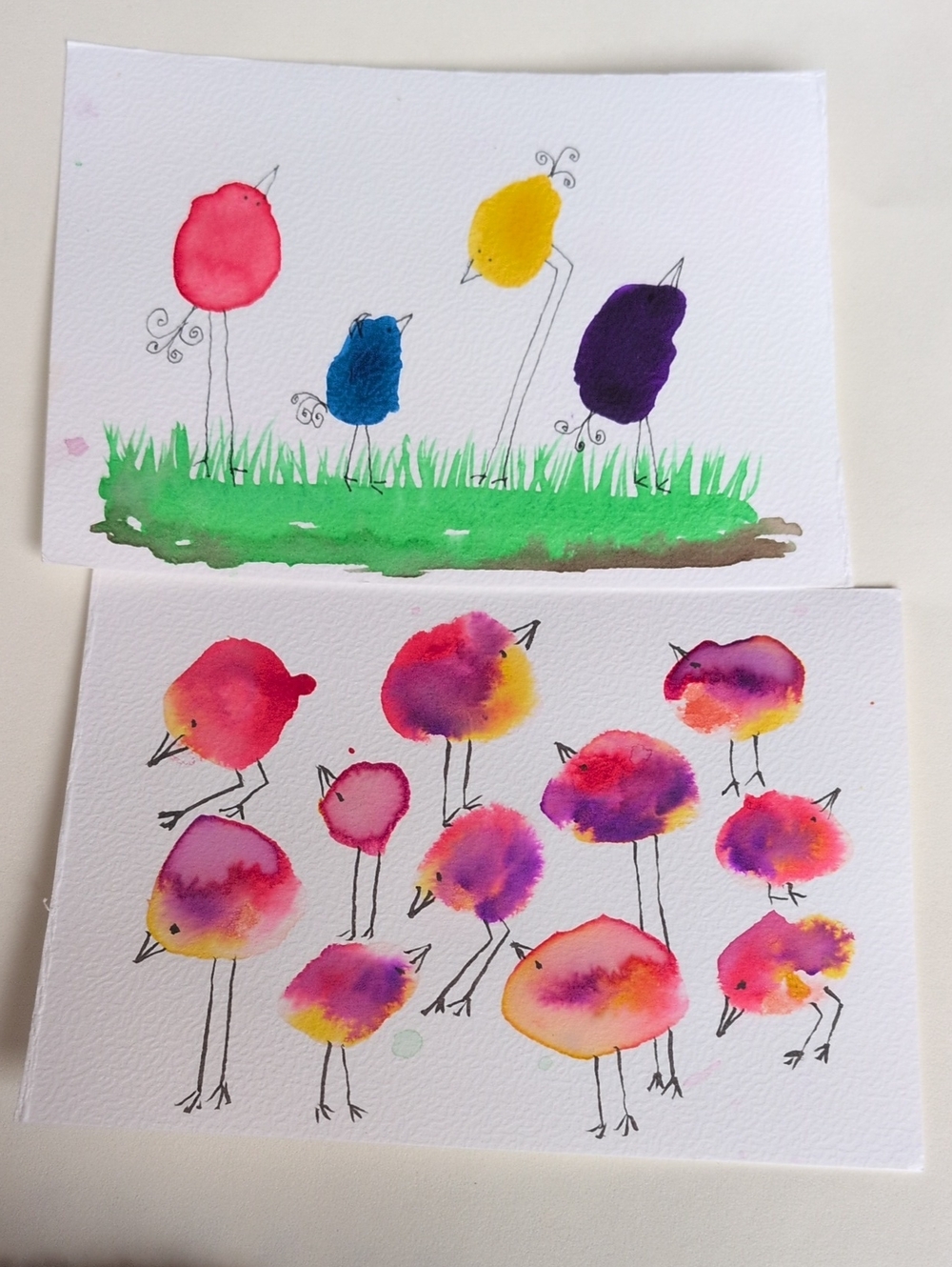 Watercolor Bird Set - Vibrant Pink, Purple, Yellow & Blue